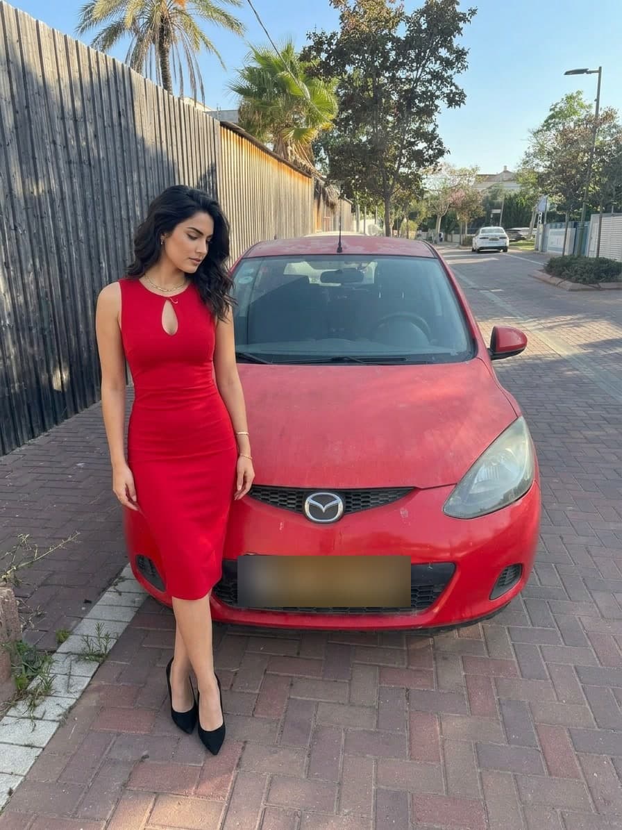 The same Mazda 2 with an AI-generated woman in a red dress leaning on it