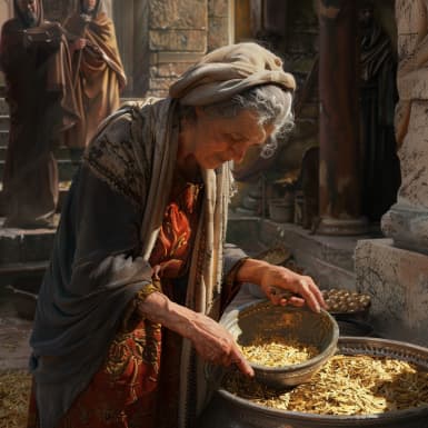 مرقس 12:42 - فجاءت ارملة فقيرة والقت فلسين قيمتهما ربع.