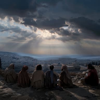 Markos 13:3 - İsa, Zeytin Dağında, tapınağın karşısında otururken Petrus, Yakup, Yuhanna ve Andreas özel olarak kendisine şunu sordular: "Söyle bize, bu dediklerin ne zaman olacak, bütün bunların gerçekleşmek üzere olduğunu gösteren belirti ne olacak?"