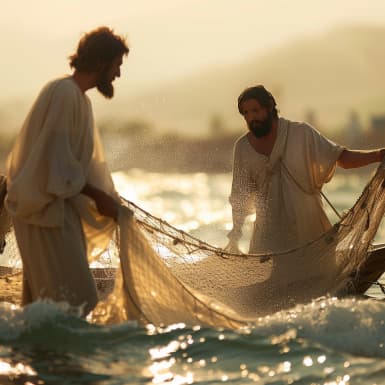 مرقس 1:16 - وفيما هو يمشي عند بحر الجليل ابصر سمعان واندراوس اخاه يلقيان شبكة في البحر. فانهما كانا صيادين.