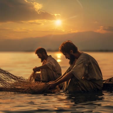 مرقس 1:19 - ثم اجتاز من هناك قليلا فرأى يعقوب بن زبدي ويوحنا اخاه وهما في السفينة يصلحان الشباك.