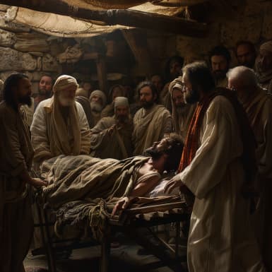 Evangelium podle Marka 2:3 - Tedy přijdou k němu někteří, nesouce šlakem poraženého, kterýžto ode čtyř nesen byl.