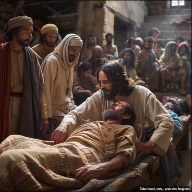 Mateo 9:2 - Y he aquí le trajeron un paralítico, echado en una cama: y viendo Jesús la fe de ellos, dijo al paralítico: Confía, hijo; tus pecados te son perdonados.